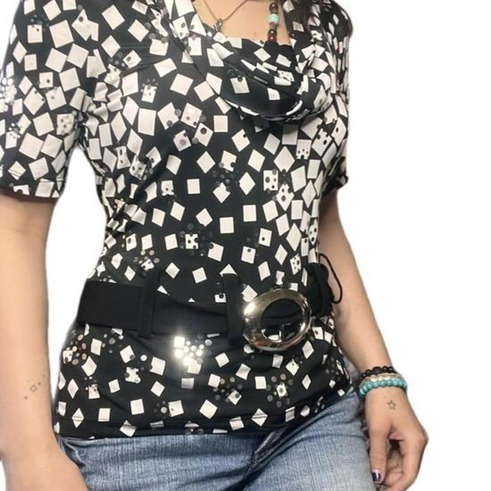 Vintage 2000s Jessica top with bold black & white geometric print and cowl neckl